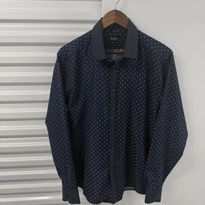 Hugo Boss Mens Large Button Up Shirt Blue Dot Pattern Long Sleeve